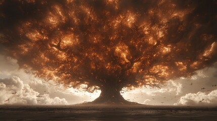 halloween concept. Majestic tree with fiery colors against a dramatic sky.