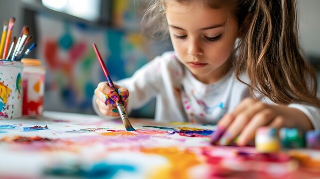 Student Painting at Colorful Table in Sunlit Classroom with Hand and Brush perfect for art education brochures, creative learning campaigns, afterschool program promotion and school websites