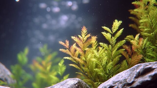 Subaquatic Foliage: A tranquil underwater tableau presents vibrant aquatic plants, bathed in the soft light of an aquarium.