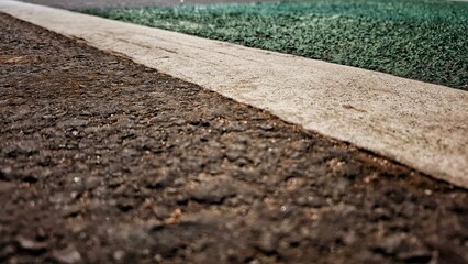 Close up of Asphalt with road markings background. black road and white dividing lines. Empty highway asphalt road. Stone texture or patterns with green coloring for bicycle.