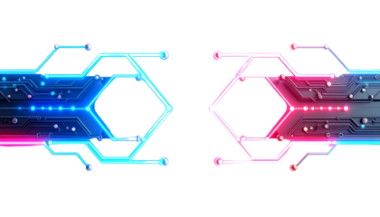 3D render of futuristic circuit board with glowing neon pathways, isolated on transparent background