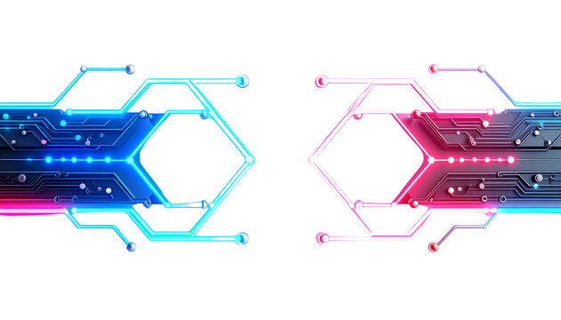 3D render of futuristic circuit board with glowing neon pathways, isolated on transparent background - Powered by Adobe