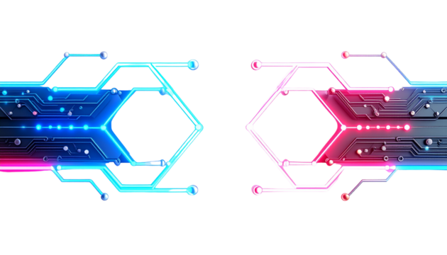 3D render of futuristic circuit board with glowing neon pathways, isolated on transparent background