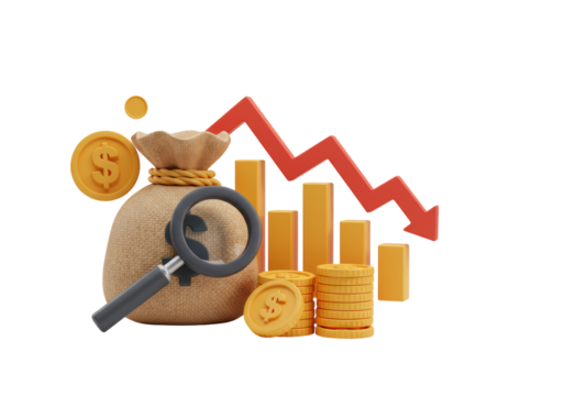 Isolated 3D Render of a Financial Crisis with Declining Graph, Money Bag, Coins, and Magnifying Glass
