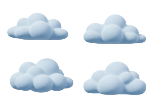 Isolated Set of Four Puffy White Clouds, Symbolizing Weather and Sky