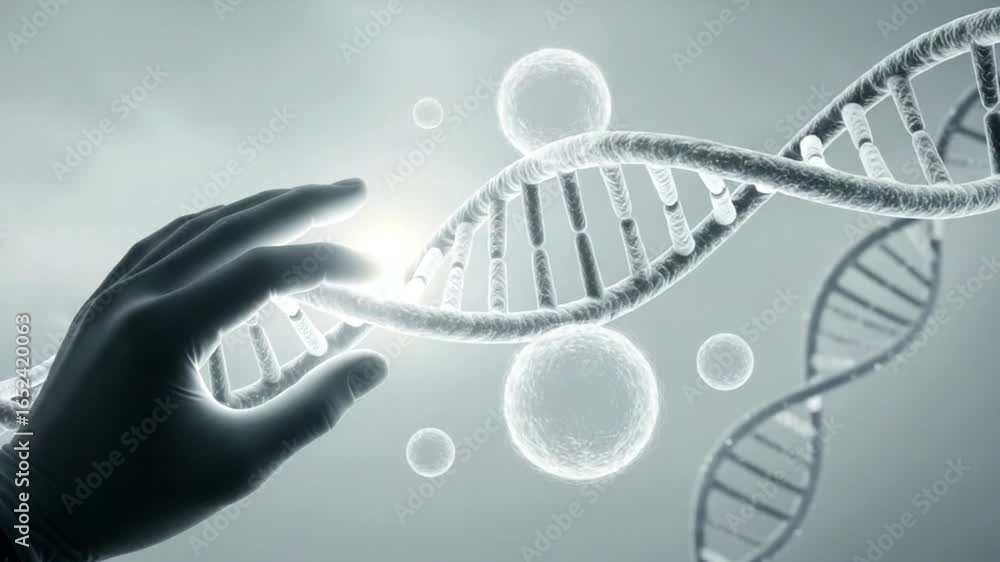 Poster close up of a hand interacting with a dna strand and floating cells on a grey background design