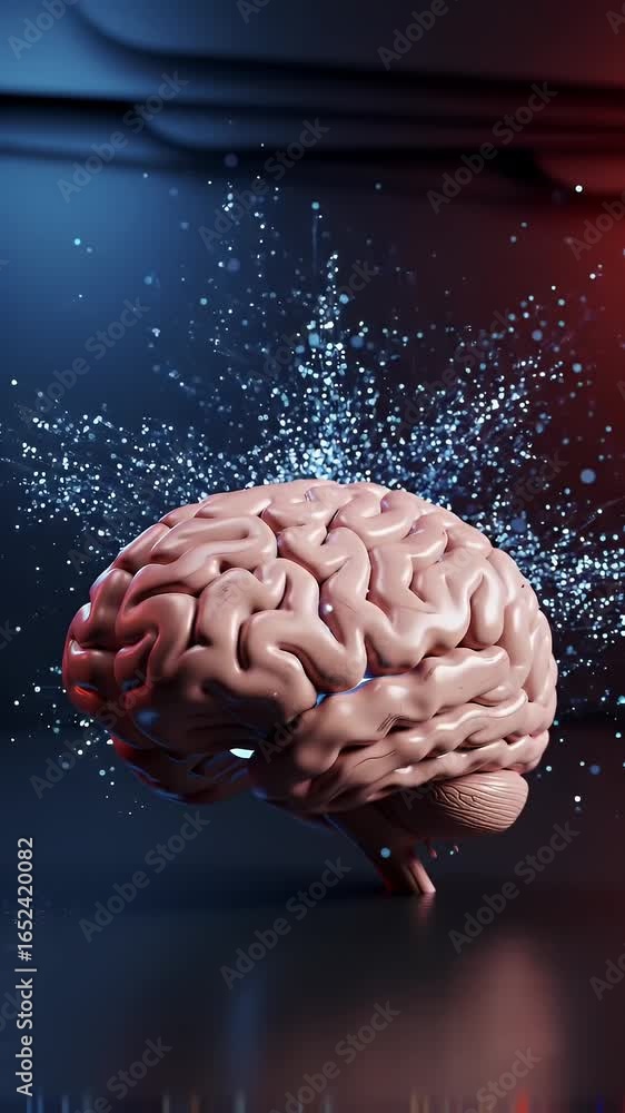 Poster hyperrealistic anatomical model of a human brain with blue and red lighting and floating particles o