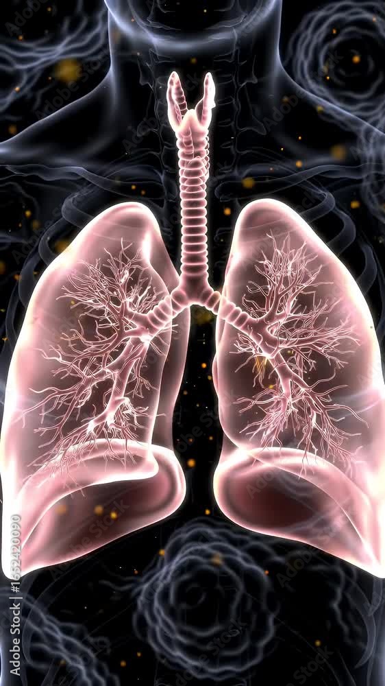 Poster hyperrealistic anatomical rendering of human lungs with translucent crystal structures on black back