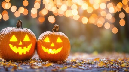 halloween concept. Carved pumpkins with glowing faces against a festive bokeh background.