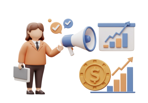 Isolated 3D Render of a Businesswoman with Megaphone, Money Coins, and Growing Chart, Symbolizing Marketing and Financial Growth
