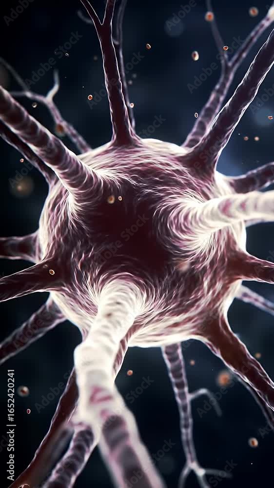 Poster hyperrealistic close up of a firing neuron cell in deep dark background highlighting intricate neura
