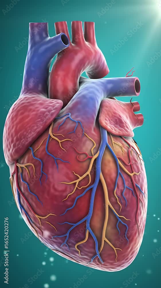 Poster hyperrealistic anatomically correct heart with detailed veins and arteries on teal gradient backgrou