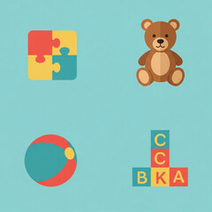 Four colorful icons depicting a jigsaw puzzle, teddy bear, ball, and alphabet blocks, arranged on a light blue background.
