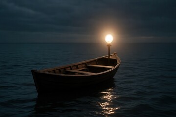A lone boat illuminated by a solitary light at night on the vast ocean