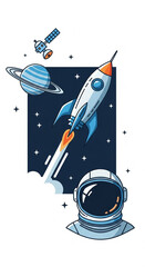 A stylized rocket launching into space, accompanied by an astronaut and orbiting planet.