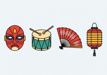 A collection of traditional cultural icons including a stylized mask, a drum with sticks, a decorative fan, and a lantern.