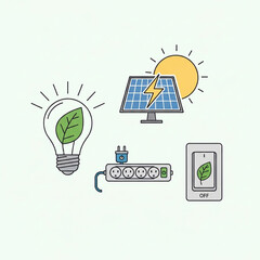 Illustration depicting green energy concepts: a lightbulb with a leaf inside, a solar panel with sun, a power strip, and a light switch with a leaf.
