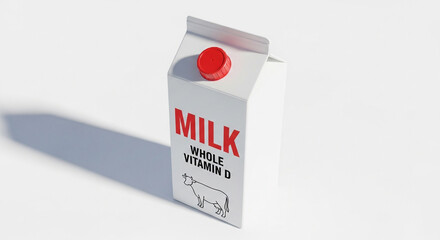 A white carton of whole milk with vitamin D, featuring a red cap and a cow illustration, casting a shadow on a white surface.
