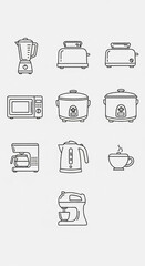 A collection of outlined kitchen appliances, showcasing various cooking and beverage preparation tools.