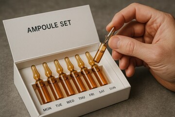 A hand selects an ampoule from a week-long supply, symbolizing the importance of timely medication adherence