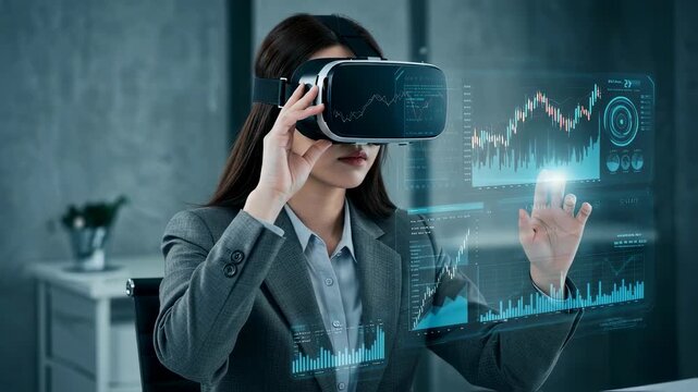 Woman using virtual reality headset for immersive financial data analysis, interacting with a futuristic graph interface, footage. - Powered by Adobe