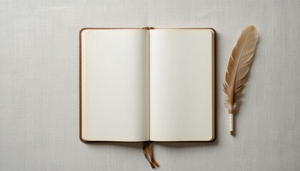 Writing inspiration with open journal and quill minimalist workspace soft natural light creative mindset