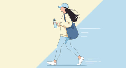 A woman walking with a bag and water bottle, showcasing a casual and active lifestyle, blending fashion and fitness in an urban setting
