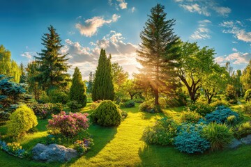 Summer Garden Landscape At Sunset