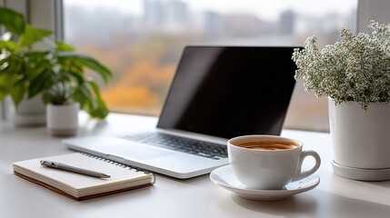 Laptop & Coffee on White Desk by Window with Plants, Overlooking City.