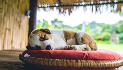 A sleeping puppy on a red cushion