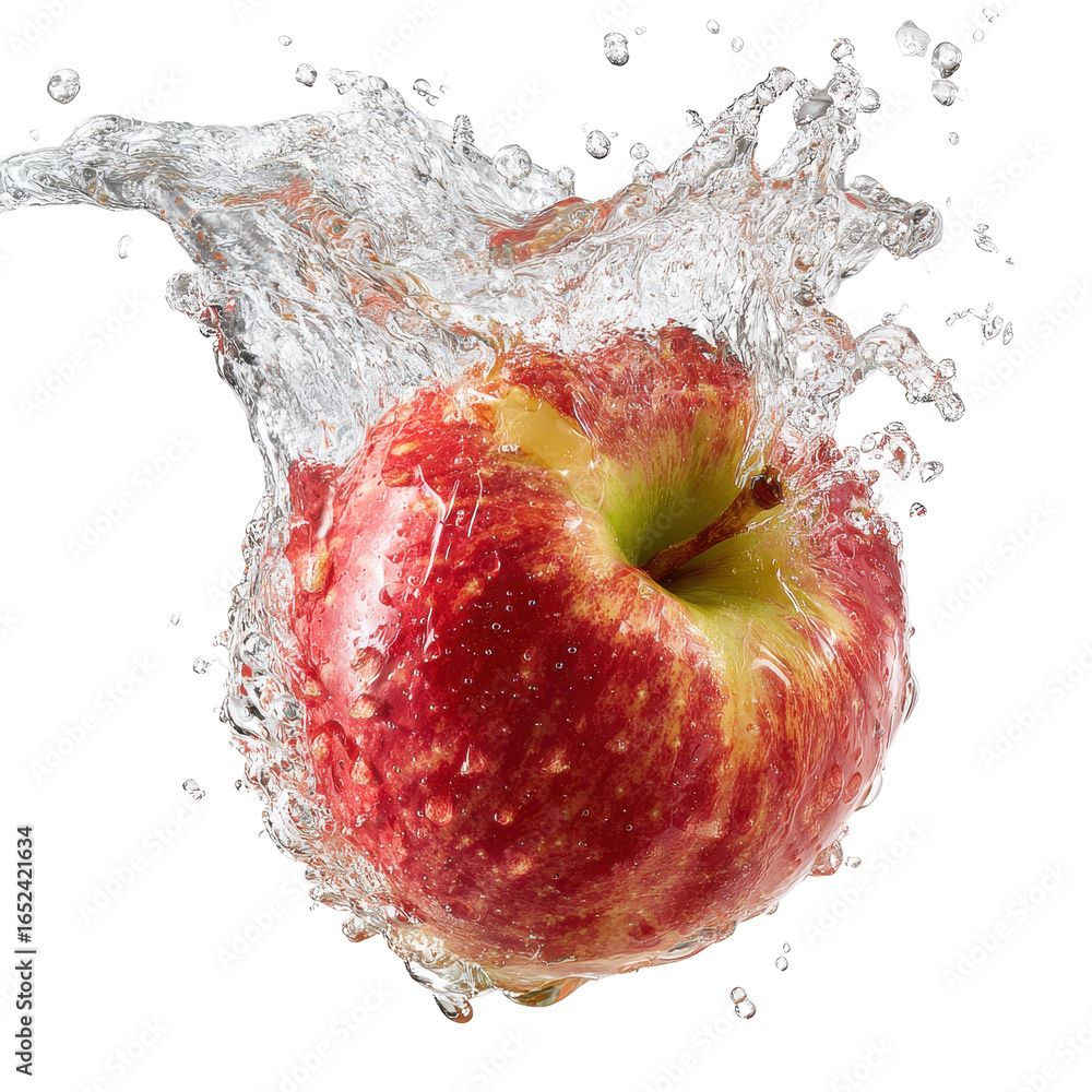 Aufkleber fresh red apple splashing into clear water creating dynamic droplets