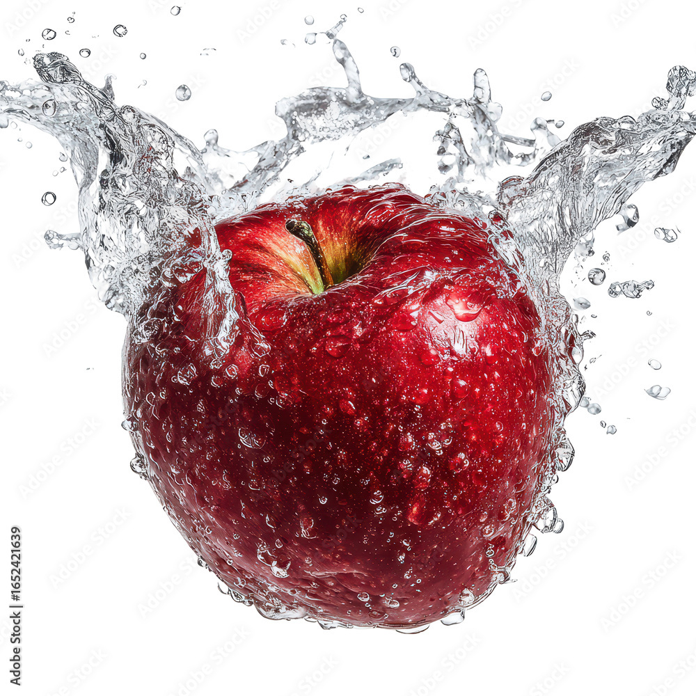 Poster fresh red apple splashes into water creating dynamic droplets during summertime in a bright, studio 
