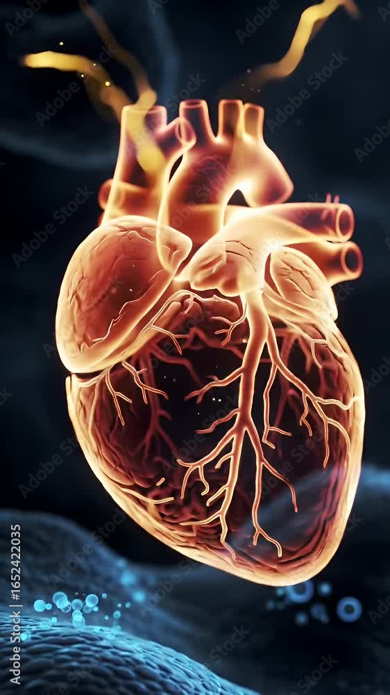 Poster luminous anatomically correct heart pulsating with red orange hues on dark textured background