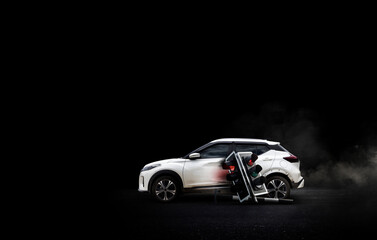 Car crash accident with traffic light – SUV collision caused by drowsy or distracted driving at night