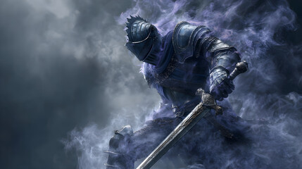Knight in full plate armor holding a sword, enveloped in a swirling cloud of dark energy or smoke.