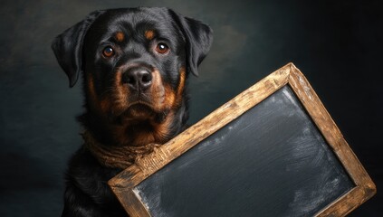 Rottweiler dog holding a blackboard with empty space for text, isolated on a dark background.