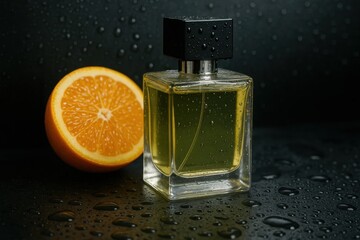 A Sophisticated Bottle of Perfume Beside a Fresh Orange Slice on a Glossy, Water-Drenched Surface