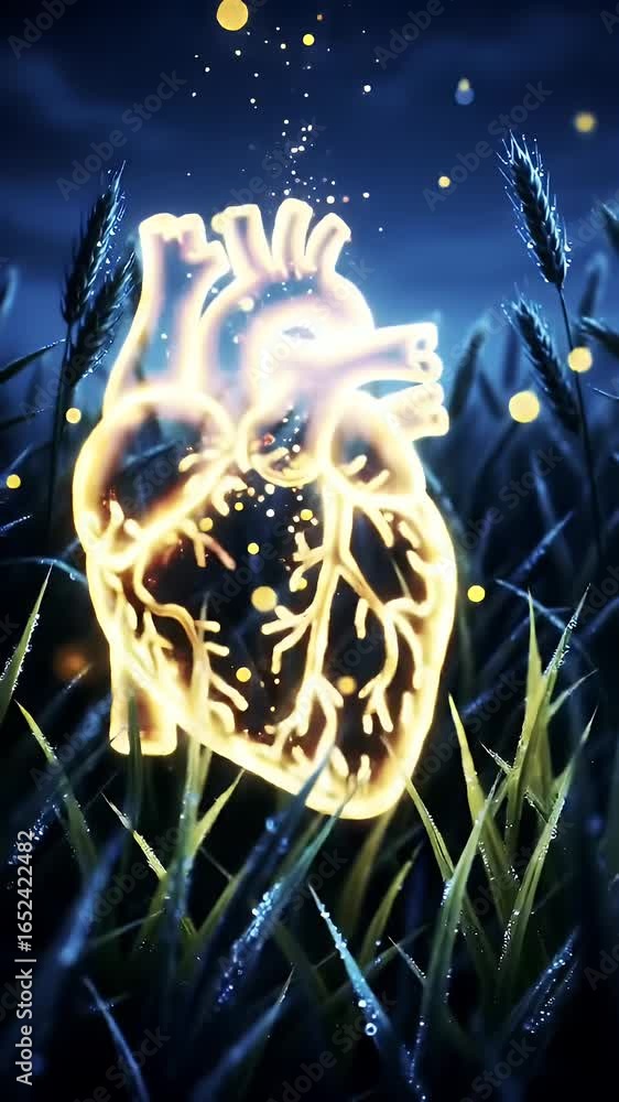 Aufkleber luminous golden anatomical heart pulsing in grassy field under moody sky with soft bokeh surreal ble