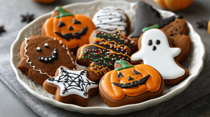 A cozy setup featuring Halloween-themed pumpkin gingerbread cookies on white plate on table
