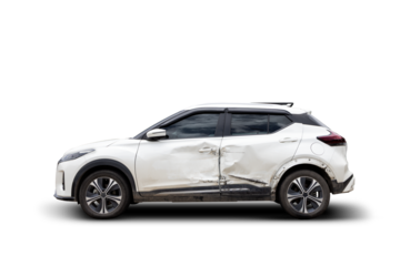 Side view of a white SUV with side damage from a car accident on transparent background. png file