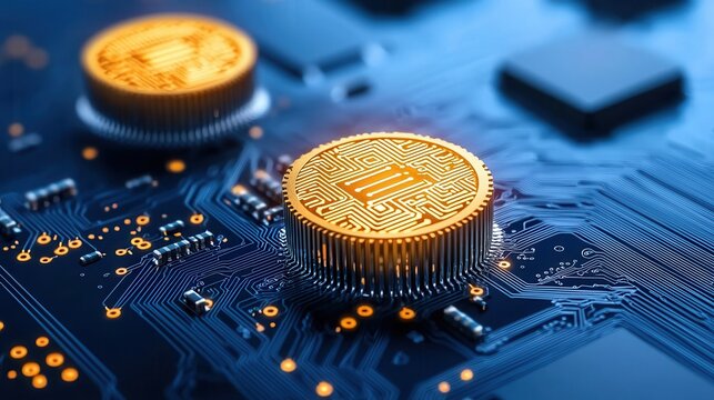 mid autumn festival. Digital circuit board with cryptocurrency coins.