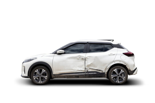 Side view of a white SUV with side damage from a car accident on transparent background. png file
