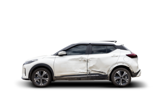 Side view of a white SUV with side damage from a car accident on transparent background. png file