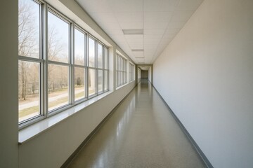 A long, empty hallway bathed in natural light from large windows
