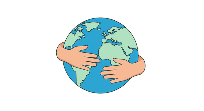 An impactful cartoon illustration depicting two human hands gently embracing the Earth, symbolizing global care, environmental protection, unity, and shared responsibility for a sustainable future.