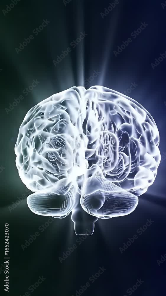 Poster luminous stylized brain rendered in translucent crystal rotating against hexagonal cellular backgrou