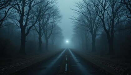 Obraz premium Mysterious foggy road scene enchanted forest photography atmospheric low-angle mystery and intrigue