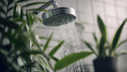 Showerhead with water running, plant in the background, white bathroom, close-up shot, green plants, professional photography
