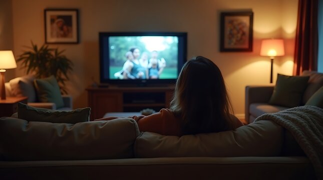 A person’s gaze is directed toward the soft glow of a television screen