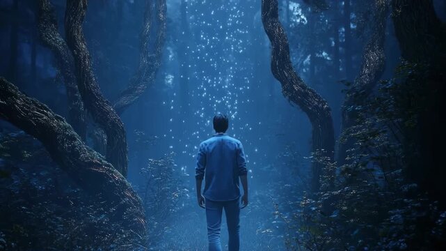 Cinematic Dolly-Out of Mysterious Man in Enchanted Forest with Bioluminescent Fireflies &ndash; Magical Atmosphere with Mist and Light Shafts for World Environment Day, Fantasy, and Premium Stock Footage